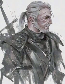 1boy armor beard english_text facial_hair geralt_of_rivia male_focus ponytail simple_background solo sword sword_on_back the_witcher_(series) upper_body weapon weapon_on_back white_background white_hair yellow_eyes yue_(memento1113)