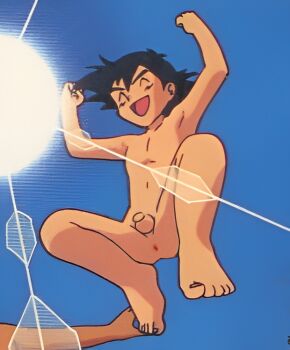 1boy anime_screenshot ash_ketchum black_hair blue_background completely_nude male_focus nintendo nude pokemon pokemon_(anime) shota solo sun_flare third-party_edit