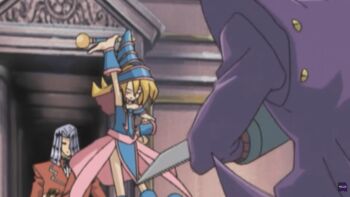 absurdres anime_screenshot arm_warmers blonde_hair dark_magician_girl hat highres holding holding_wand non-web_source sleeveless wand witch_hat yu-gi-oh!