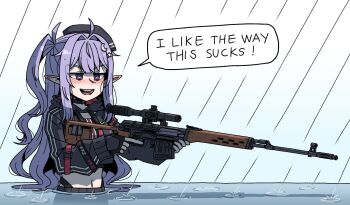 1girl ahoge beret black_choker black_hat black_jacket blush choker commentary commission crescent crescent_hair_ornament cropped_jacket double-parted_bangs dragunov_svd eepy_sleepy english_commentary english_text fingerless_gloves gloves gun hair_intakes hair_ornament hat highres holding holding_gun holding_weapon hood hooded_jacket jacket jitome karepack long_hair long_sidelocks long_sleeves midriff navel one_side_up open_mouth optical_sight phase_connect pointy_ears purple_eyes purple_hair purple_nails rain rifle ripples sidelocks smile smug sniper_rifle solo speech_bubble star_(symbol) star_choker star_hair_ornament teeth trigger_discipline upper_body upper_teeth_only virtual_youtuber wading water weapon