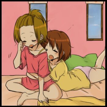 2girls :o ass barefoot bed bed_sheet black_border blush border brown_hair closed_eyes double-parted_bangs forehead green_pillow hirasawa_yui hug hug_from_behind indian_style indoors k-on! kakari_(peehs) lying multiple_girls on_stomach one_side_up open_mouth panties pink_panties red_shirt rubbing_eyes sheet_grab shirt shirt_slip short_hair sidelocks single_bare_shoulder single_strap sitting tainaka_ritsu tearing_up underwear waking_up window yawning yellow_shirt yuri