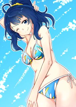 1girl adjusting_hair ahoge arm_behind_head arm_up armpits bikini blue_bikini blue_eyes blue_hair breasts cleavage closed_mouth hair_ornament hair_scrunchie hand_on_leg hand_on_own_leg hand_on_own_thigh highres large_breasts legs make_heroine_ga_oo_sugiru! medium_hair modeling mono9ron navel one_eye_closed print_bikini scene_reference scrunchie side-tie_bikini_bottom smug solo swimsuit thighs wink yanami_anna yellow_scrunchie