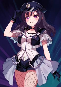 1girl absurdres believe_again birthday black_gloves blush breasts choker collarbone commentary cream_(nipakupa) fishnets gloves grin hair_down hat highres kazuno_sarah long_hair looking_at_viewer love_live! love_live!_sunshine!! love_live!_sunshine!!_the_school_idol_movie_over_the_rainbow medium_breasts purple_eyes purple_hair short_shorts shorts smile solo upper_body