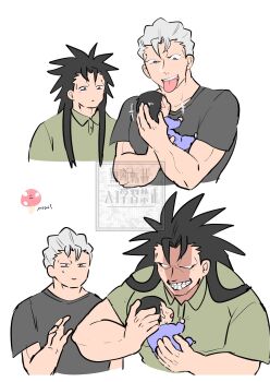 Rule 34 | 3boys, andy (undead unluck), baby, black hair, black shirt, blue eyes, carrying, carrying person, child carry, collared shirt, commentary request, evil smile, green shirt, highres, laughing, long hair, multiple boys, muscular, muscular male, no eyebrows, no pupils, parted bangs, shirt, short hair, short sleeves, simple background, smile, spiked hair, tongue, tongue out, undead unluck, upper body, victor (undead unluck), white background, white hair, yonchitaso