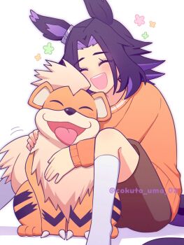 1girl animal_ears black_hair blush brown_shorts closed_eyes commentary_request crossover facing_viewer fenomeno_(umamusume) flipped_hair gen_1_pokemon growlithe highres horse_ears horse_girl horse_tail long_hair long_sleeves multicolored_hair nintendo open_mouth orange_fur orange_sweater pokemon pokemon_(creature) purple_hair shorts sitting smile socks sweater tail tongue tongue_out umamusume w3n6e white_socks