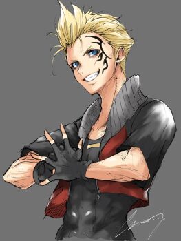 Rule 34 | 1boy, black gloves, black shirt, blonde hair, blue eyes, cracking knuckles, crazy02oekaki, cropped jacket, facial tattoo, final fantasy, final fantasy viii, fingerless gloves, gloves, grey background, grin, highres, looking at viewer, male focus, shirt, short hair, short sleeves, signature, smile, solo, spiked hair, tattoo, teeth, upper body, zell dincht
