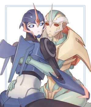 2girls arcee arcee_(prime) blue_eyes hand_on_another&#039;s_back hand_on_another&#039;s_waist helmet highres hug humanoid_robot jijing5658 mechanical_wings multiple_girls no_humans red_eyes robot robot_girl science_fiction transformers transformers_prime transmutate wings