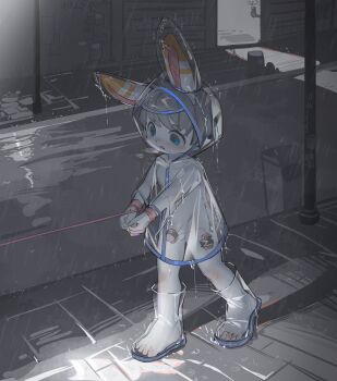 1boy animal_ears bdsm blue_eyes blush bondage boots bound bound_wrists breath coat grey_hair highres hood hood_up humiliation male_focus naked_coat night open_mouth original outdoors penis public_indecency rabbit_ears rain raincoat sex_toy shadow short_hair shota solo tareme transparent see-through_footwear vibrator vibrator_on_penis walking wet zhutangyuan