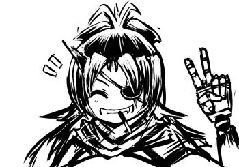 Rule 34 | 10s, cosplay, deculture, eyepatch, greyscale, mahou shoujo madoka magica, mahou shoujo madoka magica (anime), metal gear (series), metal gear solid v: the phantom pain, monochrome, prosthesis, prosthetic arm, sakura kyoko, smile, solo, v, venom snake, venom snake (cosplay)