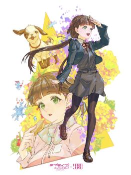 1girl bandana black_pantyhose blazer blue_jacket bow breasts brown_hair collar collared_shirt dress floating_hair food goat green_eyes grey_dress hair_behind_ear hair_bow holding holding_food jacket kazama_raita long_hair looking_up love_live! love_live!_superstar!! low_twintails medium_breasts multiple_views neck_ribbon official_art open_mouth pantyhose pinafore_dress pink_sweater red_collar red_ribbon ribbon sakurakoji_kinako school_uniform shading_eyes shirt sleeveless_dress smile sweater twintails very_long_hair white_bandana white_bow white_shirt winter_uniform yuigaoka_school_uniform