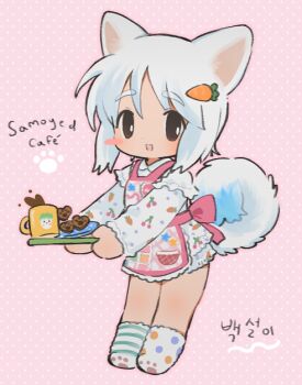 Rule 34 | 1girl, :d, animal ears, apron, blush stickers, brown eyes, carrot hair ornament, chibi, chibi only, commentary, cookie, cup, dog ears, dog girl, dog tail, dot nose, dress, food, food-themed hair ornament, full body, hair ornament, holding, holding plate, lapithai, long sleeves, looking at viewer, no shoes, open mouth, original, pink apron, pink background, plate, polka dot, polka dot background, single blush sticker, smile, socks, solo, standing, striped clothes, striped socks, tail, thick eyebrows, untranslatable commentary, white dress, white socks