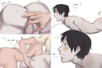 1boy 1girl absurdres anal anal_fingering anus ass ass_focus ass_grab blonde_hair blush boruto:_naruto_next_generations embarrassed english_text female_fingering_male femdom fingering fisting hetero highres husband_and_wife male_focus male_penetrated moaning monday_mint naruto_(series) pale_skin prostate_milking sai sweat testicles yamanaka_ino