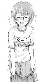 1girl closed_eyes facing_viewer glasses greyscale gym_uniform highres holding holding_unworn_clothes holding_unworn_skirt mole mole_on_neck monochrome ooshiro_youkou original short_sleeves simple_background skirt standing twitter_username unworn_skirt