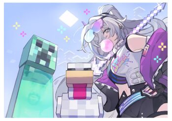 1girl bare_shoulders bird black_shorts blowing_bubble_gum blue_sky breasts chewing_gum chicken chicken_(minecraft) cloud cloudy_sky collared_shirt commentary creeper eyewear_on_head grey_eyes grey_hair highres holding holding_sword holding_weapon honkai:_star_rail honkai_(series) jacket long_hair looking_at_viewer looking_down medium_breasts minecraft minecraft_(style) off_shoulder purple_jacket shirt shorts silver_wolf_(honkai:_star_rail) silver_wolf_(lv.999)_(honkai:_star_rail) sky sleeveless sleeveless_shirt sun sword tinted_eyewear untranslatable_commentary weapon white_shirt yohmeii