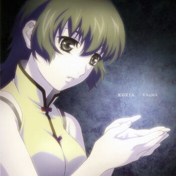 Rule 34 | 1girl, black eyes, black hair, bow, bra strap, china dress, chinese clothes, cupping, cupping hands, dress, ein (phantom of inferno), female focus, highres, official art, own hands together, phantom of inferno, sasaki mutsumi (bee train), scan, solo