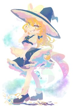 1girl 8osakana_san8 apron black_bow black_hat black_skirt black_vest blonde_hair bow braid cuff_links finger_to_mouth flask frilled_apron frilled_hat frilled_skirt frills full_body grin hair_bow hat hat_bow highres kirisame_marisa long_hair long_sleeves looking_at_viewer looking_to_the_side marisa_day mary_janes open_mouth round-bottom_flask shoes single_braid skirt skirt_set smile socks touhou vest white_apron white_bow witch_hat yellow_eyes