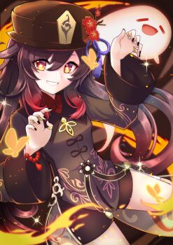 1girl :d akatsuki_chiaki bead_bracelet beads black_nails black_shorts boo_tao_(genshin_impact) bracelet brown_hair bug butterfly chinese_clothes commentary_request cowboy_shot fire flower flower-shaped_pupils flower_symbol genshin_impact ghost ghost_pose grin hair_between_eyes hat hat_flower hat_tassel highres hu_tao_(genshin_impact) insect jewelry long_hair long_sleeves looking_at_viewer multiple_rings open_mouth plum_blossoms porkpie_hat red_eyes ring short_shorts shorts smile solo straight_hair symbol-shaped_pupils third-party_source twintails very_long_hair wide_sleeves