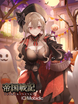 1girl absurdres black_gloves black_hat black_shirt breasts brown_hair candy character_request cleavage commentary_request copyright_name fingerless_gloves food ghost_costume gloves halloween hat highres holding holding_candy holding_food holding_lollipop large_breasts lollipop long_hair looking_at_viewer official_art outdoors picnic_basket red_skirt shirt skirt solo teikoku_senki yuuki_kira