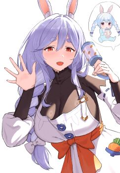 2girls a_domo absurdres aged_down animal_ear_fluff animal_ears black_bodysuit blue_hair blush bodysuit breasts cleavage commentary_request dress highres holding holding_rattle hololive looking_at_viewer mature_female mother_and_daughter multicolored_hair multiple_girls open_mouth pekomama pekomama_(1st_costume) rabbit-shaped_pupils rabbit_ears rabbit_girl rattle short_eyebrows smile symbol-shaped_pupils two-tone_hair usada_pekora virtual_youtuber white_dress white_hair