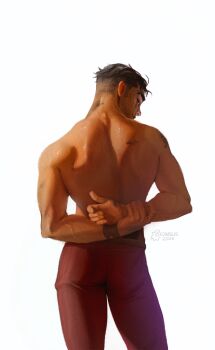 1boy arcane:_league_of_legends arcane_jayce arms_behind_back art_study back bracelet brown_hair closed_mouth commentary english_commentary feet_out_of_frame from_behind highres jayce_(league_of_legends) jewelry league_of_legends looking_back male_focus oidingus pants red_pants short_hair smile solo standing thick_eyebrows toned toned_male topless_male