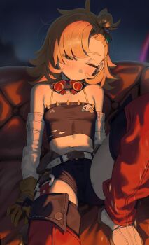 1girl absurdres bare_shoulders belt black_shorts black_tube_top blonde_hair blush closed_mouth couch crop_top detached_pants detached_sleeves earrings gloves goggles goggles_around_neck green_eyes hair_ornament half-closed_eye highres hollow_(zenless_zone_zero) jewelry midriff navel night night_sky on_couch one_eye_closed orange_pants outdoors pants piper_wheel shirt shoes short_eyebrows shorts sky solo spiked_shirt strapless syhan thick_eyebrows torn_clothes torn_shirt torn_tube_top tube_top white_shoes white_sleeves yellow_gloves zenless_zone_zero