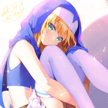 1girl 2025 bare_arms blonde_hair blue_hoodie bucchake_(asami) commentary_request crop_top from_side green_eyes highres hood hoodie hugging_own_legs medium_hair midriff miniskirt nun ootomo_sourin_(sengoku_otome) sengoku_otome sitting skirt solo thighhighs white_skirt white_thighhighs
