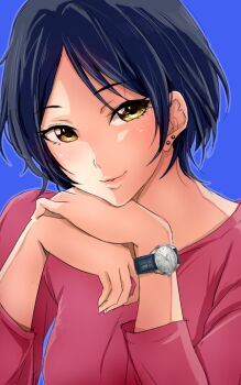 Rule 34 | 10s, 1girl, 71 (nanaichi drafting), black hair, earrings, female focus, hayami kanade, idolmaster, idolmaster cinderella girls, jewelry, looking at viewer, parted bangs, short hair, smile, solo, watch, wristwatch, yellow eyes