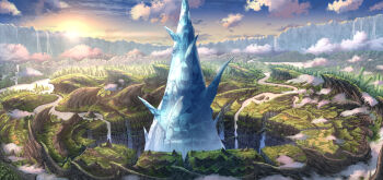 blue_sky cloud commentary_request day highres nagi_itsuki no_humans original outdoors pixiv_fantasia pixiv_fantasia_age_of_starlight river scenery sky water waterfall