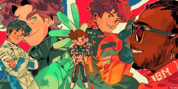 5boys :d alexander_albon beard black_eyes black_hair black_racing_suit blue_eyes brown_hair closed_mouth commentary country_connection crossed_arms dark-skinned_male dark_skin ear_piercing english_commentary facial_hair formula_one george_russell highres lando_norris lewis_hamilton long_sleeves looking_at_viewer male_focus multiple_boys oliver_bearman open_mouth piercing racing_suit real_life red_eyes short_hair smile sog_goog sunglasses white_racing_suit