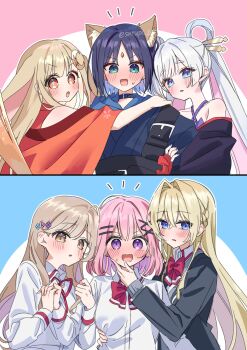 Rule 34 | 3girls, :d, amaori renako, animal ears, arm hug, ashigaya high school uniform, blonde hair, blue hoodie, blue kimono, blush, bow, bowtie, breasts, brown hair, cho kaguya-hime!, collared shirt, commentary, crescent, crescent hair ornament, crossover, double arm hug, flower hairpin, fox ears, girl sandwich, hair ornament, hair stick, hairclip, highres, hood, hoodie, japanese clothes, kaguya (cho kaguya-hime!), kimono, large breasts, long hair, looking at viewer, medium hair, multiple girls, open mouth, ouzuka mai, pink hair, purple eyes, red bow, red kimono, runami yachiyo, sakayori iroha, sandwiched, satupi sb, school uniform, sena ajisai, shirt, simple background, smile, watashi ga koibito ni nareru wake naijan murimuri!, white shirt, x hair ornament, yuri