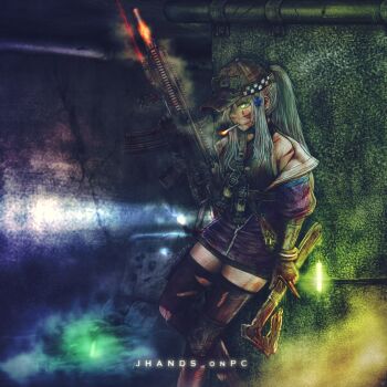 1girl assault_rifle axe black_thighhighs black_vest blood blood_on_face blue_hair cigarette commentary english_commentary girls'_frontline girls'_frontline_2:_exilium green_eyes gun h&amp;k_hk416 hair_ornament high_ponytail highres hk416_(girls'_frontline) holding holding_weapon jacket jhands_onpc klukai_(girls'_frontline_2) laser long_hair looking_at_viewer off_shoulder pipeline ponytail rifle scar scar_on_arm sidelocks smoke_grenade smoking solo thighhighs underground vest weapon