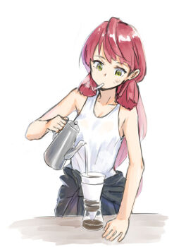 1girl akashi_(kancolle) black_jumpsuit cigarette coffee coffee_filter coffee_maker coffee_pot cowboy_shot female_focus green_eyes hair_ribbon jumpsuit kangoku_kou kantai_collection kettle long_hair mouth_hold pink_hair pouring ribbon simple_background smoking solo tied_jumpsuit tress_ribbon undersuit white_background