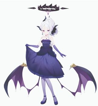 1girl blue_archive commentary_request demon_girl demon_horns demon_wings dress earrings elbow_gloves full_body gloves halo haru_0104 hina_(blue_archive) hina_(dress)_(blue_archive) horns jewelry looking_at_viewer low_wings necklace pendant purple_dress purple_eyes purple_gloves simple_background solo white_background white_hair wings