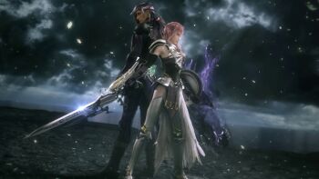 10s 1boy 1girl 3d armor back-to-back character_request cloud final_fantasy final_fantasy_xiii final_fantasy_xiii-2 lightning lightning_farron long_hair pink_hair pteruges purple_hair screencap shield sword weapon