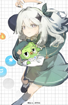 1girl bird crossover dress duo_(duolingo) duolingo genshin_impact hair_between_eyes hair_ornament halo highres holding looking_at_viewer owl paimon_(duolingo)_(genshin_impact) paimon_(genshin_impact) short_hair smile white_hair