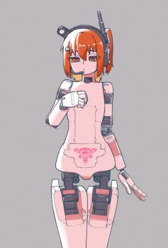 1girl a.i._voice adachi_rei android completely_nude cowboy_shot grey_background hand_up highres joints medium_hair nude one_side_up orange_eyes orange_hair pubic_tattoo robot_joints simple_background solo standing taoyaka_(toyk39) tattoo utau