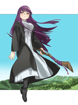 Rule 34 | 1girl, absurdres, black boots, black coat, blue sky, blunt bangs, boots, border, breasts, buttons, coat, commentary request, dress, fern (sousou no frieren), floating, highres, hime cut, holding, holding staff, large breasts, lewdrawings, light blush, long coat, long dress, long hair, outdoors, parted lips, purple eyes, purple hair, sidelocks, sky, solo, sousou no frieren, staff, straight hair, white border, white dress