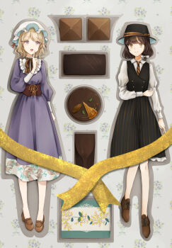 2girls :d alternate_costume alternate_headwear black_hat black_skirt blonde_hair boots bow bowtie brown_boots brown_eyes brown_hair brown_shoes closed_mouth clothing_request dress frills hair_bow hand_around_waist hat hat_ribbon highres long_dress long_sleeves looking_at_another maribel_hearn mob_cap multicolored_eyes multiple_girls necktie open_mouth pointing pointing_up poteimo_(poteimo622) puffy_long_sleeves puffy_sleeves purple_eyes red_bow red_bowtie red_ribbon ribbon shirt shoes short_hair skirt sleeve_cuffs smile standing touhou two-tone_eyes usami_renko vest white_bow white_hat white_shirt yellow_eyes