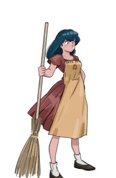 1girl apron blue_eyes blue_hair broom chick_print dress highres holding holding_broom maison_ikkoku non-web_source otonashi_kyouko poppowerhearts print_apron simple_background socks solo white_background white_socks