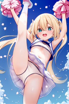 1girl armpits arms_up blonde_hair blue_eyes bra breasts cheerleader clothes_lift cloud high_kick highres kicking kneepits leg_up legs loli long_hair navel open_mouth original outdoors panties pink_shoes pom_pom_(cheerleading) shirt shoes skirt skirt_lift sky sleeveless sleeveless_shirt small_breasts smile socks solo sports_bra stomach thighs twintails underwear white_bra white_panties white_shirt white_skirt white_socks yan_(nicknikg)
