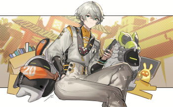 1boy architecture bangboo_(zenless_zone_zero) bangboo_20_(zenless_zone_zero) bead_bracelet beads belion_(zenless_zone_zero) box bracelet cardboard_box chinese_clothes closed_mouth commentary computer east_asian_architecture green_eyes grey_hair grey_pants hand_in_pocket hayama_eishi highres holding jewelry laptop long_sleeves looking_at_viewer male_focus pants signature sitting sweat wise_(soaring_crane)_(zenless_zone_zero) wise_(zenless_zone_zero) zenless_zone_zero