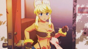 1girl 3d animal_ears animated animated_gif assisted_exposure blonde_hair blue_eyes bouncing_breasts breasts facial_mark large_breasts liru lowres myu_ranran nipples renkin_san-kyuu_magical_pokaan surprised tail top_pull undressing upper_body