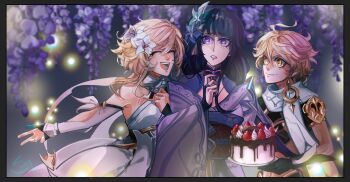 1boy 2girls absurdres aether_(genshin_impact) ahoge armor bare_shoulders birthday_cake blue_pupils blunt_bangs blurry blurry_background braid cake closed_eyes closed_mouth commentary crop_top dress english_commentary fireflies flower flower_ornament food bad_tag genshin_impact glowing hair_between_eyes hair_ornament happy happy_birthday highres huge_ahoge hugging_with_one_arm japanese_clothes kimono leaning_forward leaning_on_person leaning_to_the_side light_blush light_smile long_braid long_hair looking_to_the_side lumine_(genshin_impact) mole mole_under_eye multicolored_eyes multiple_girls navel neck_ribbon open_mouth orange_eyes outdoors parted_lips purple_eyes purple_flower purple_hair purple_kimono raiden_shogun red_ribbon red_sash ribbon sash scarf shade short_hair short_sleeves shoulder_armor shy silencemasamune single_braid smile standing stomach teeth toned toned_male upper_body white_dress white_flower white_scarf wide-eyed wide_sleeves wisteria