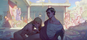 5boys 6+girls abs ancient_greek_clothes bald black_hair blonde_hair blue_sky bracelet breasts bush chiton cloud collar cowgirl_position cum cum_in_mouth cum_in_nose cumdrip cup curtains cushion erection fellatio flaccid food fountain fruit grapes greco-roman_clothes has_bad_revision has_censored_revision hetero holding_person jewelry large_breasts laurel_crown leash long_hair multiple_boys multiple_girls muscular muscular_female nipples nude oral original pectorals penis pillar pillow plate reverse_cowgirl_position robe roman_clothes roman_empire rome_(city) sabu_(sabudenego) scar sex sex_from_behind sex_slave sitting sky slave soldier stage standing straddling table toga toned toned_female vaginal