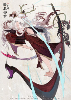 1girl 2021 antlers arrow_(projectile) barefoot black_hat bow_(weapon) breasts center_opening clothing_cutout commentary_request dated deer_antlers dragon_girl dragon_tail feet fingernails floating floating_hair hair_over_one_eye hat highres hip_vent holding_weapon_with_feet horns huge_weapon loiza long_fingernails long_hair long_toenails medium_breasts midriff multicolored_hair onmyoji paper_background pointy_ears revealing_clothes scales sharp_fingernails sharp_toenails skeleton soles solo spirit spread_toes suzuka_gozen_(onmyoji) sword tail toenails toes translation_request two-tone_hair very_long_hair wakizashi weapon white_hair white_scales wide_hips