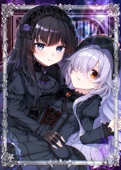 2girls absurdres arcaea black_dress black_hair blue_archive blue_eyes bow brown_eyes card_(medium) dress flower frills gothic_lolita hair_over_one_eye hairband highres holding juliet_sleeves kanoe_(blue_archive) lolita_fashion lolita_hairband long_hair long_sleeves looking_at_viewer multiple_girls puffy_sleeves sen_chan_(akane1023) tairitsu_(arcaea)