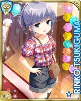 Rule 34 | 1girl, annoyed, black thighhighs, blue eyes, breasts, card (medium), day, girlfriend (kari), grey shorts, indoors, medium hair, official art, open mouth, plaid clothes, plaid shirt, ponytail, qp:flapper, red shirt, school, shirt, shoes, shorts, small breasts, solo, standing, tagme, thighhighs, tsukiguma rinko