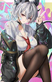 1girl absurdres alternate_costume black_choker black_horns black_jacket black_nails black_thighhighs breasts choker cleavage collared_shirt colorful_background commentary_request curled_horns feet_out_of_frame fingernails grey_hair hair_between_eyes hand_up highres horns jacket knees_up large_breasts looking_at_viewer mole mole_under_eye nail_polish necktie off_shoulder parted_lips red_eyes red_necktie shirt sitting solo thighhighs thighs v wuthering_waves yoru_shiki zani_(wuthering_waves)