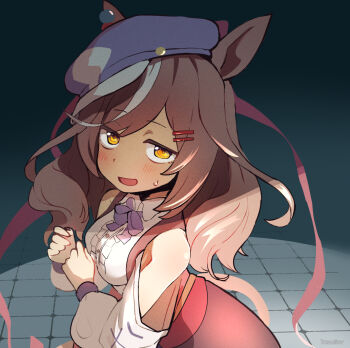 1girl animal_ears bare_shoulders blue_hat blush bow breasts brown_hair clothing_cutout corset ears_through_headwear hair_ornament hairclip hat horse_ears horse_girl horse_tail long_hair long_sleeves looking_at_viewer matikanetannhauser_(panpaka_tiltott)_(umamusume) matikanetannhauser_(umamusume) medium_breasts multicolored_hair newsboy_cap open_mouth red_corset shirt shoulder_cutout smile solo streaked_hair tail tsukusawa_(tukunesour) umamusume white_shirt yellow_eyes