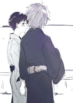 Rule 34 | 2boys, black hair, blue eyes, blush, from side, grey hair, highres, holding hands, ikari shinji, japanese clothes, looking at another, male focus, multiple boys, nagisa kaworu, neon genesis evangelion, short hair, simple background, standing, unfinished, white background, yaoi, yorumi1117